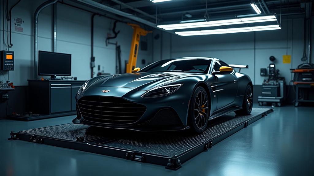 Interior del taller de Inti Drive con un vehículo en el dinamómetro, mostrando tecnología avanzada.