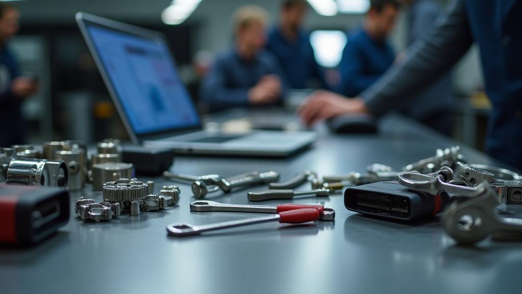 Mesa de trabajo limpia y organizada en el taller de Inti Drive, con herramientas de precisión y componentes electrónicos automotrices.